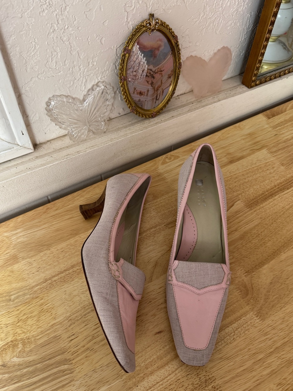 Carole Little Pink Linen Kitten Heel Loafers Size 9 Y2K Office Siren Cottagecore